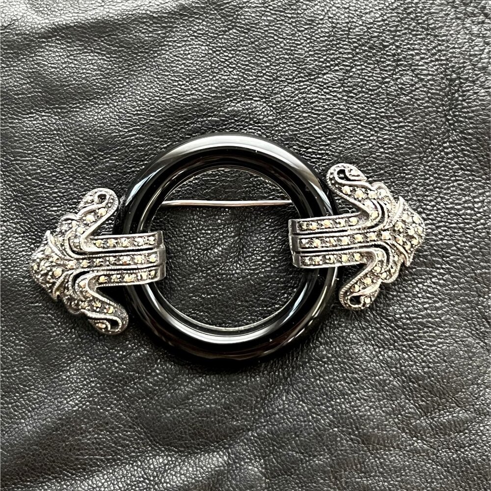 Vintage Sterling Silver, Onyx, Marcasite, and Rhinestone Art Deco Brooch